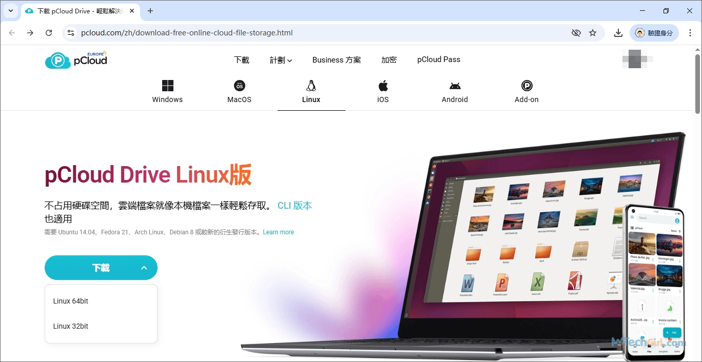 選擇 pCloud Linux 版本號