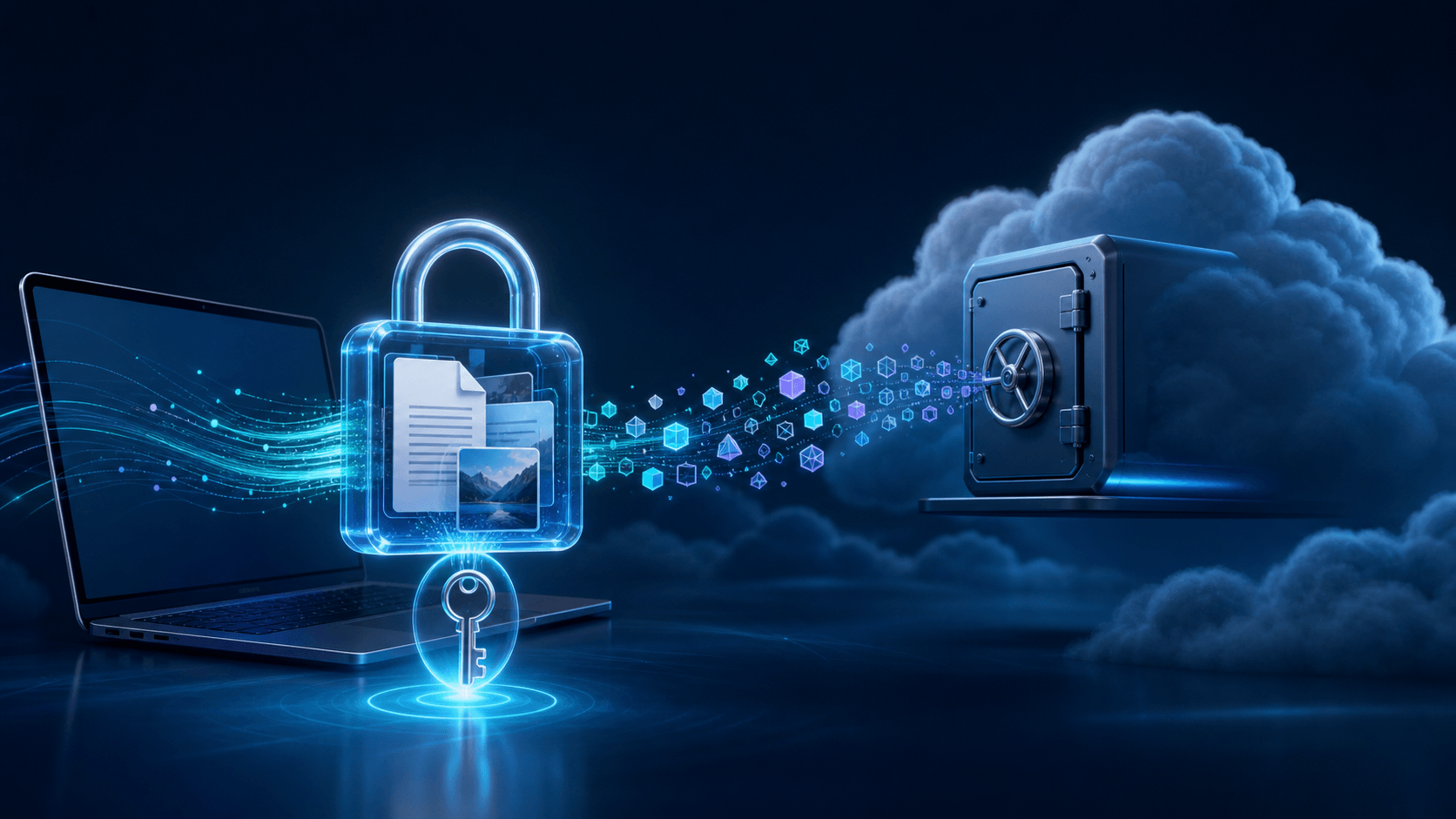 筆電先將檔案加密後再傳送至雲端保險庫,說明 pCloud 零知識加密的運作概念