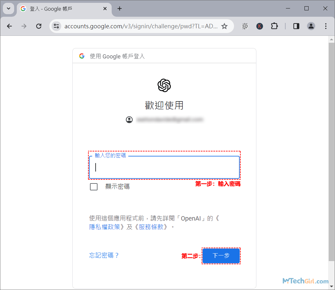 填寫Google帳戶密碼