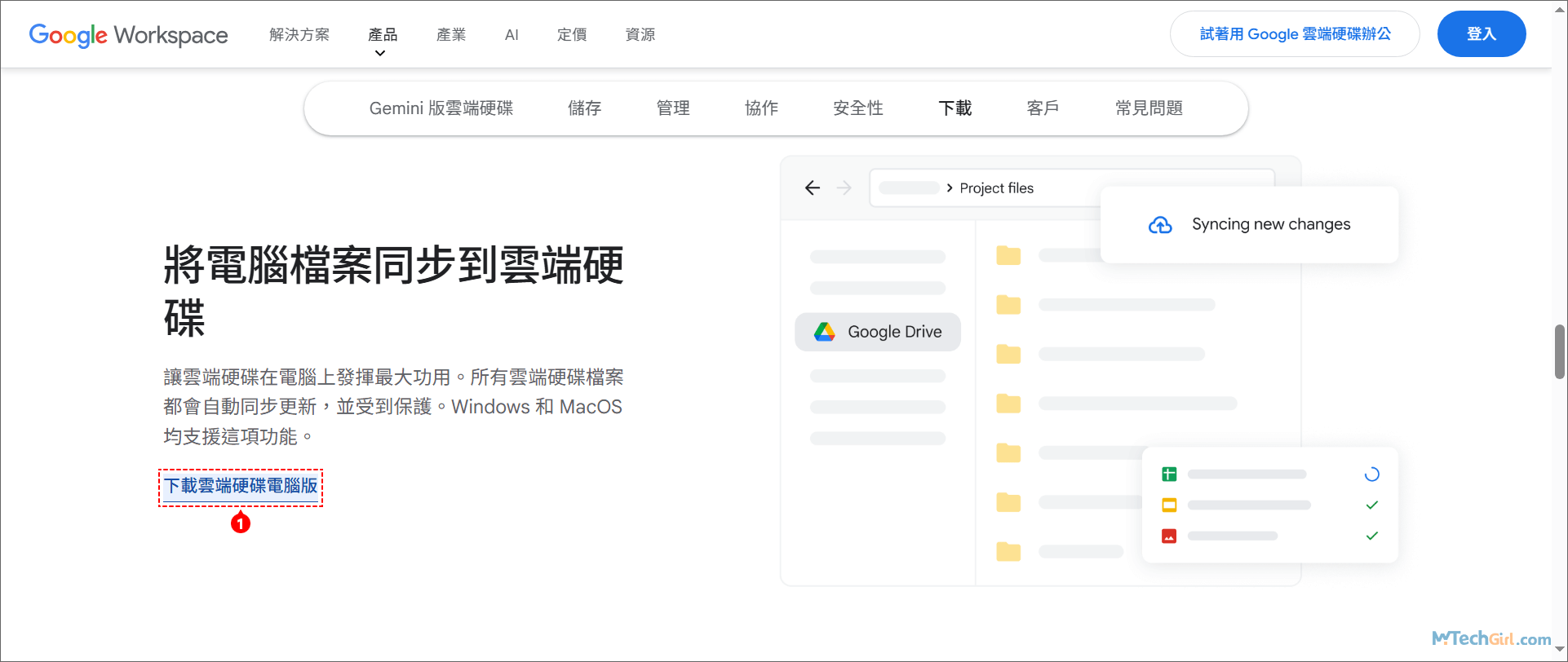 Google Drive 電腦版官方下載頁面區域