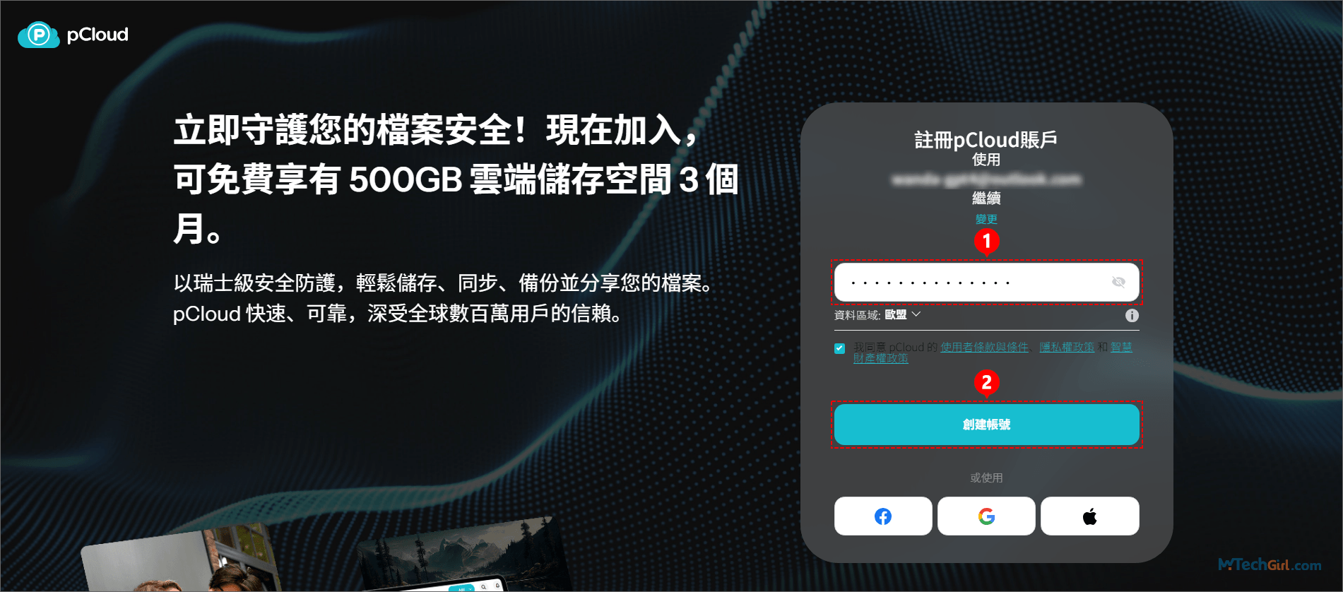 pCloud 填寫電子郵件註冊密碼和資料區域