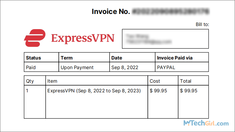 ExpressVPN訂閱發票1年期