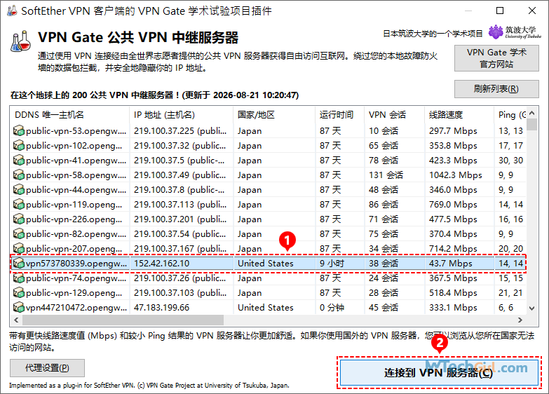 VPN Gate 共用 VPN 中繼伺服器列表
